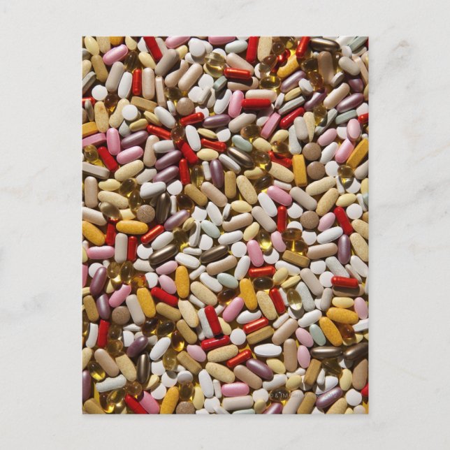 Background of colourful multi-vitamin pills, postcard (Front)