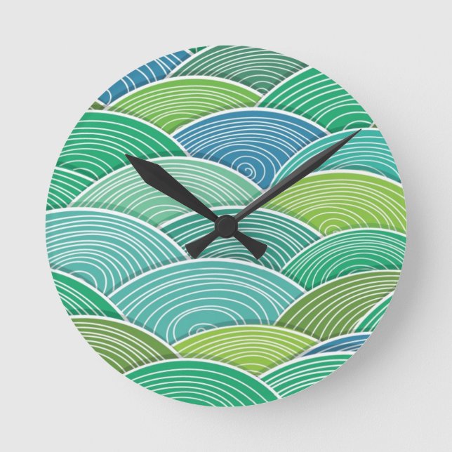 Background of curled abstract green waves round clock (Front)