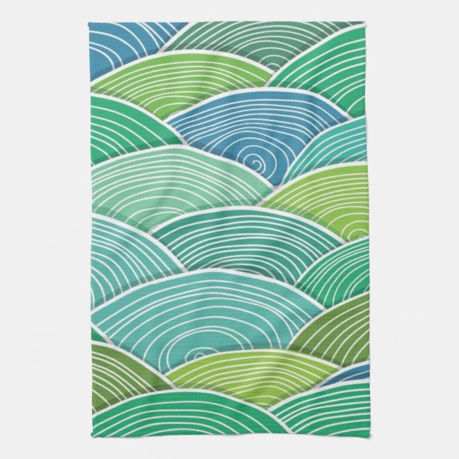 Background of curled abstract green waves tea towel (Vertical)