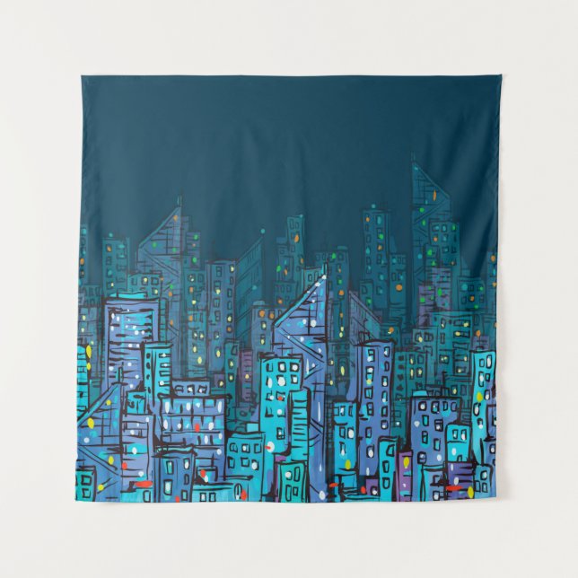 Background of night Cityscape. Hand drawn illustra Tapestry (Front)