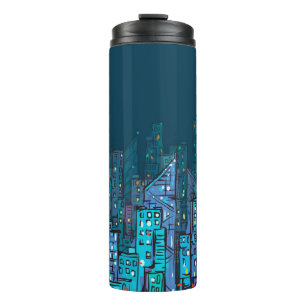 Background of night Cityscape. Hand drawn illustra Thermal Tumbler