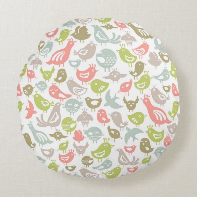background with colourful birds ornament round cushion (Front)