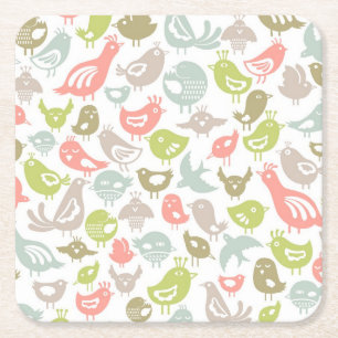background with colourful birds ornament square paper coaster