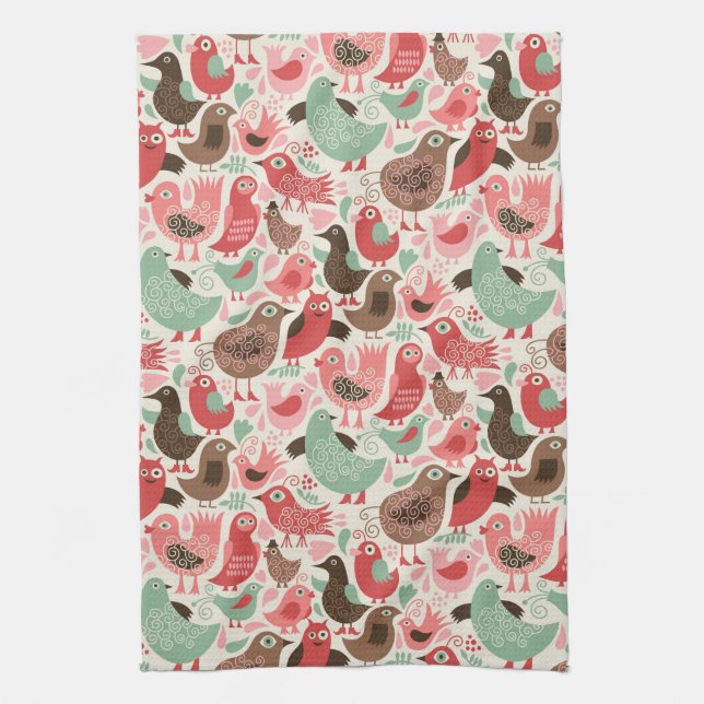 background with cute birds tea towel (Vertical)