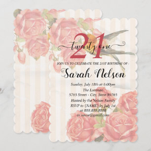 Background With Pink Stripes, Roses And Colibri Invitation