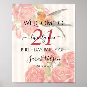 Background With Pink Stripes, Roses And Colibri Poster