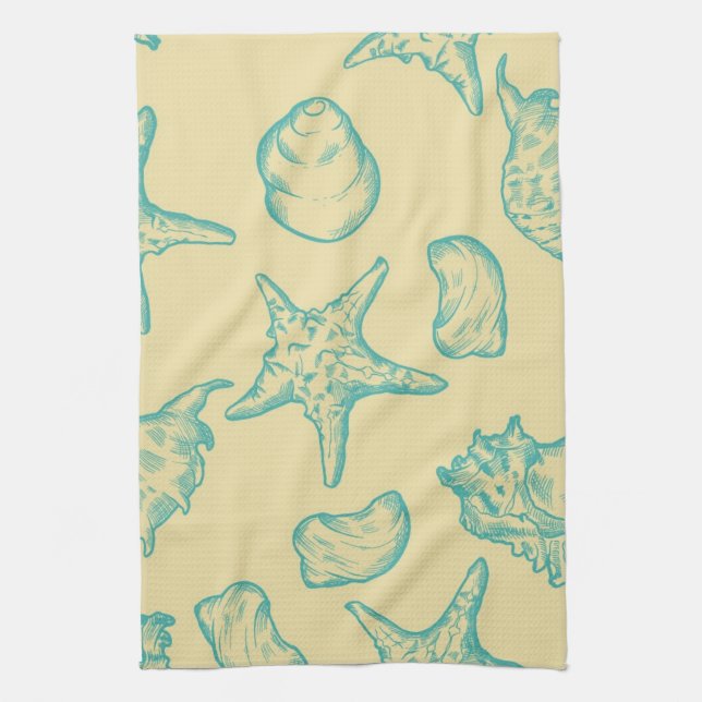 Background with shells. Hand drawn Tea Towel (Vertical)