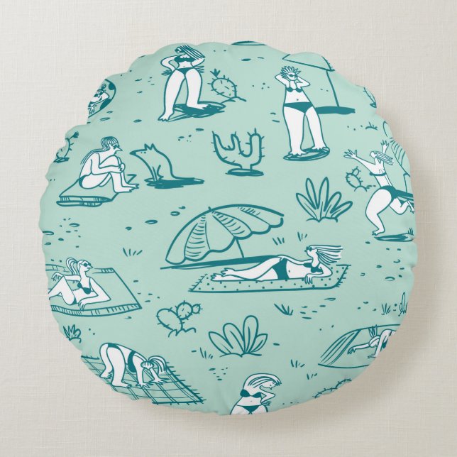 Background with summer beach girls. Seamless patte Round Cushion (Front)