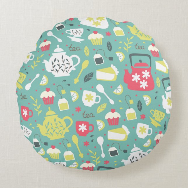 Background with Teapots,  Cups,  Lemon,  Flowers a Round Cushion (Front)