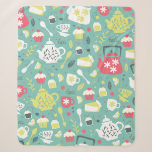 Background with Teapots, Cups, Lemon, Flowers a Sherpa Blanket