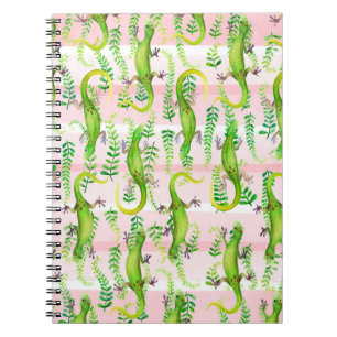 background with watercolor illustration of green g notebook