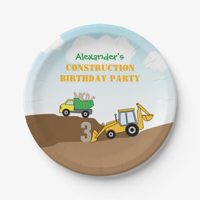 Backhoe and Dump Truck Boy's Birthday Party Paper Plate (Front)