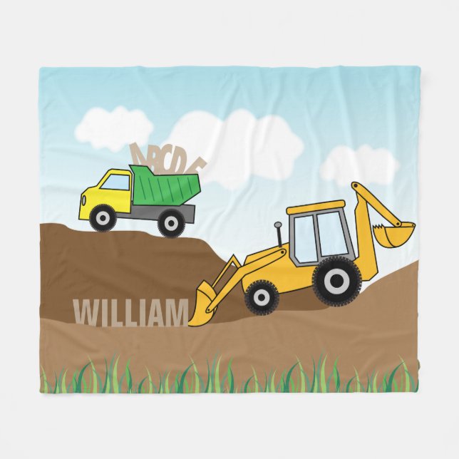 Backhoe and Dump Truck Personalised Fleece Blanket (Front (Horizontal))