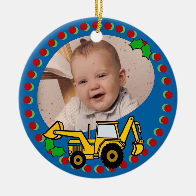 Backhoe Christmas Ceramic Ornament (Front)