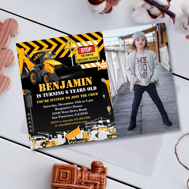 Backhoe Construction Birthday Party Photo Invitation (Creator Uploaded)