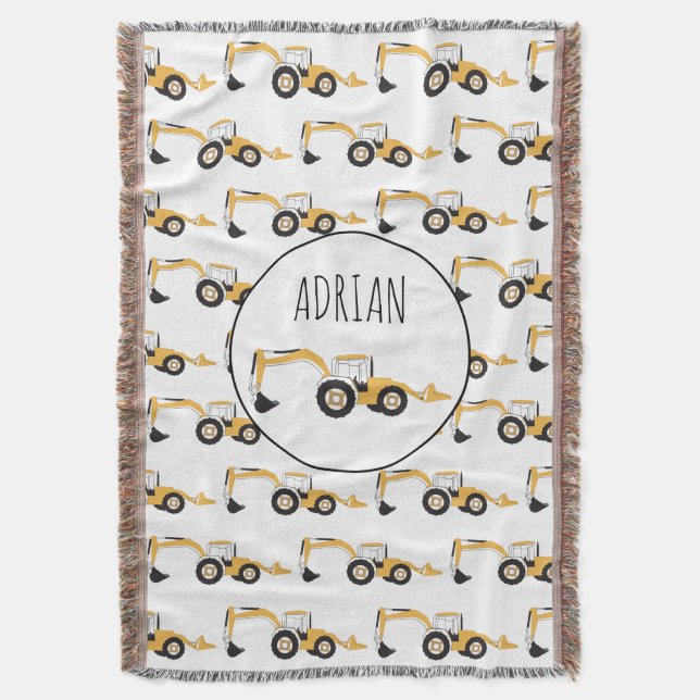 Backhoe Construction Truck Custom Name Throw Blanket (Front Vertical)