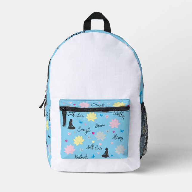 Backpack Blue & White Floral Self-Care Design (Front)