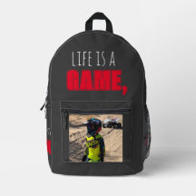 Backpack "LIFE IS A GAME, PLAY TO WIN" biking pic
