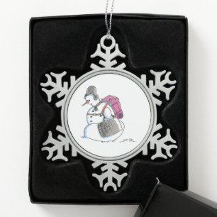 Backpack Snowman pewter snowflake ornament