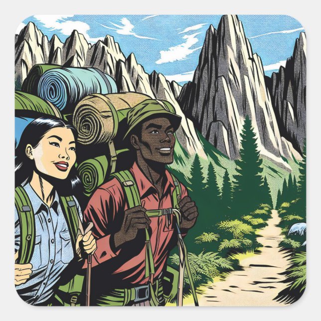 Backpacking Couple Hiking Trail through Mountains Square Sticker (Front)