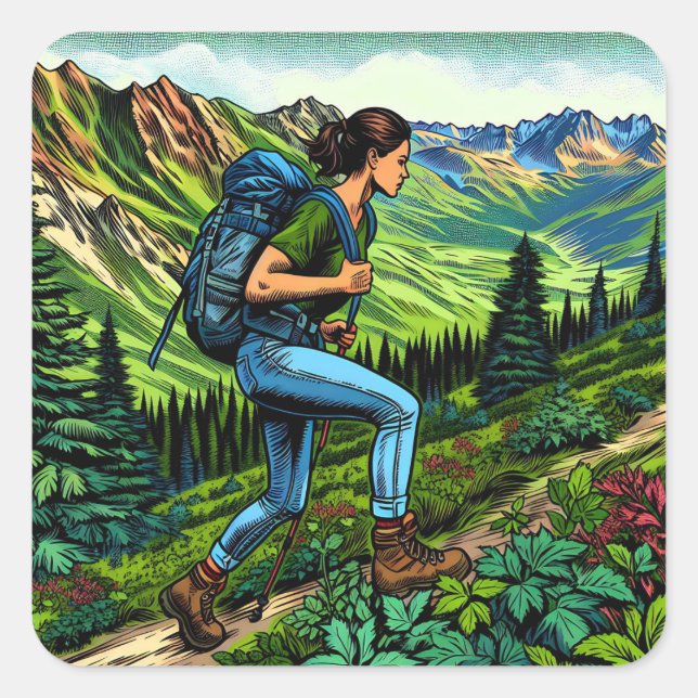 Backpacking Girl Hiking the Trail Square Sticker (Front)