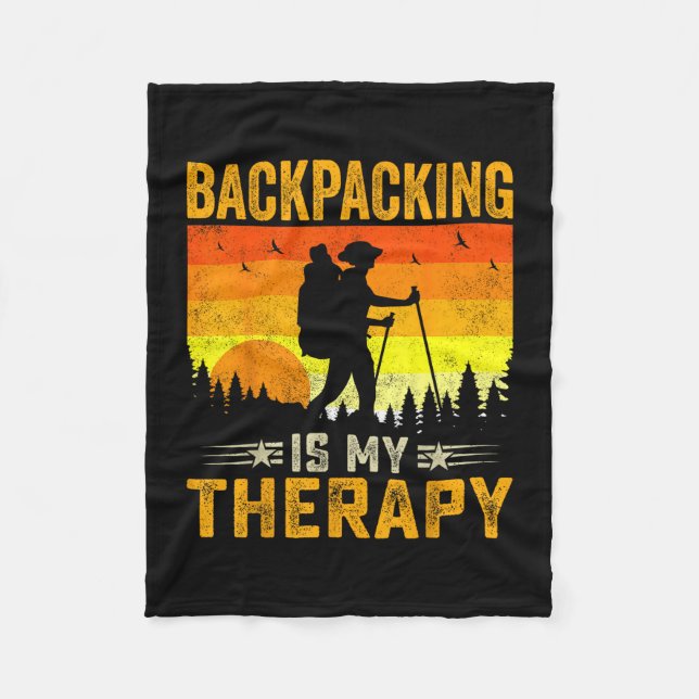 Backpacking is therapy - retro outdoor camping fleece blanket (Front)