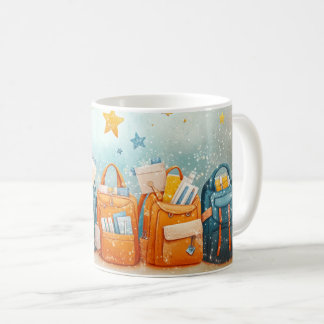 Backpacks and school supplies for back to school.  coffee mug