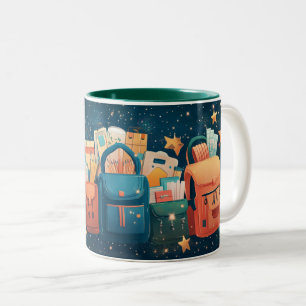 Backpacks and school supplies for back to school.  Two-Tone coffee mug