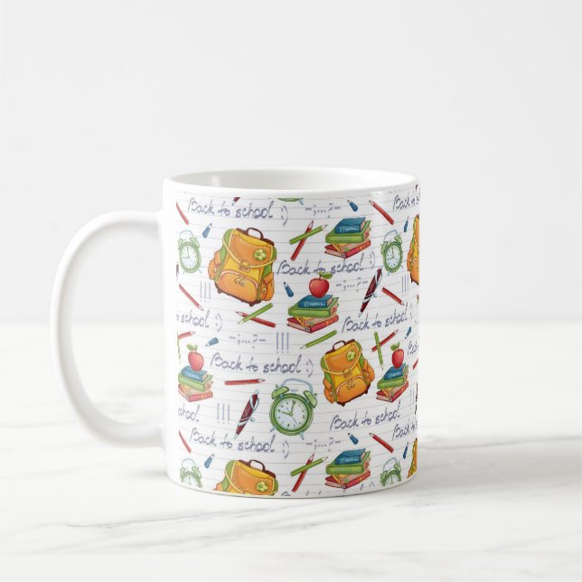 Backpacks, Books, & Pencils Cartoon Pattern Coffee Mug (Left)
