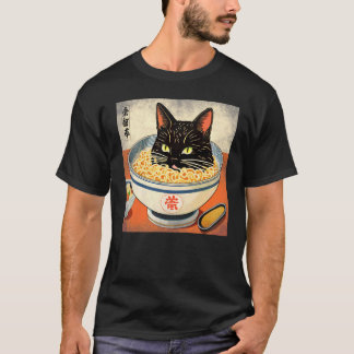 Backprint Japanese Black Cat in A Bowl of Ramen Ca T-Shirt