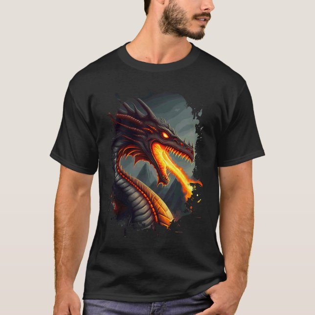 Backprint Terrifying fire breathing fire dragon T-Shirt (Front)