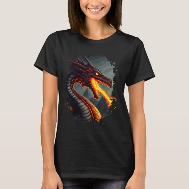 Backprint Terrifying fire breathing fire dragon T-Shirt (Front)