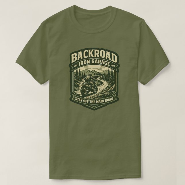 Backroad Iron Garage T-Shirt Scrambler Motorcycle (Design Front)