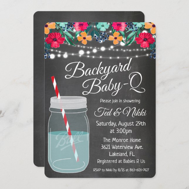 Backyard Baby Q Mason Jar Invitation (Front/Back)