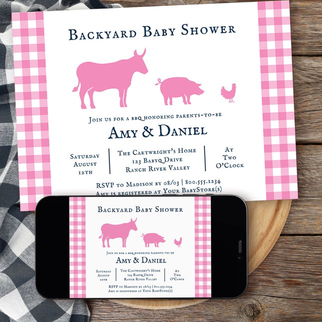 Backyard Baby Shower Rustic Pink Navy Invitation (Backyard BBQ girls baby shower  invitation from my rustic farmhouse BBQ collection
)