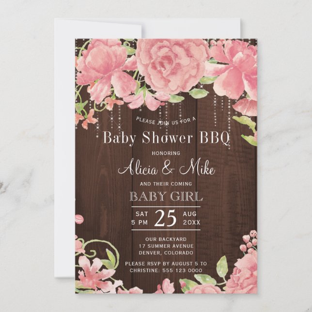 Backyard BBQ baby shower rustic pink baby girl Invitation (Front)