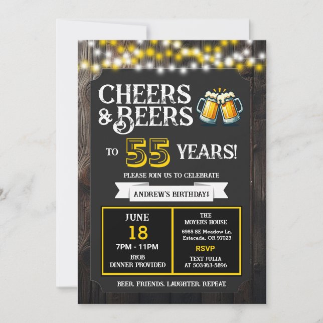 Backyard BBQ Birthday Cheers and Beers to 55 Years Invitation (Front)
