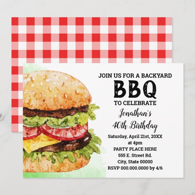 Backyard BBQ birthday watercolor burgers party Invitation (Front/Back)