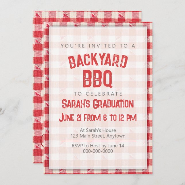 Backyard BBQ Casual Grad Party Cookout Gingham Red Invitation (Front/Back)