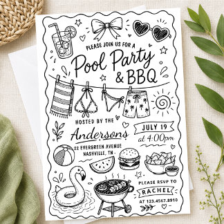Backyard BBQ Party Summer Hand Drawn doodle Rustic Invitation