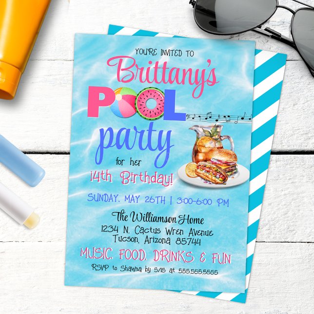 Backyard BBQ Pool Party Birthday Invitation (Backyard Barbeque Birthday Pool Party Invitation with Tropical aesthetics and sweet tea)