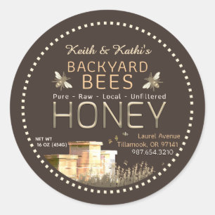 Backyard Bees Hives and Little Bees on Dark Brown  Classic Round Sticker