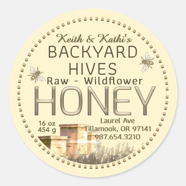 Backyard Bees Hives and Little Bees on Ivory Classic Round Sticker (Front)