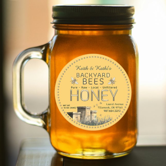 Backyard Bees Hives and Little Bees on Yellow Classic Round Sticker (Creator Uploaded)