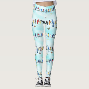 backyard birds on a line with butterflies  leggings