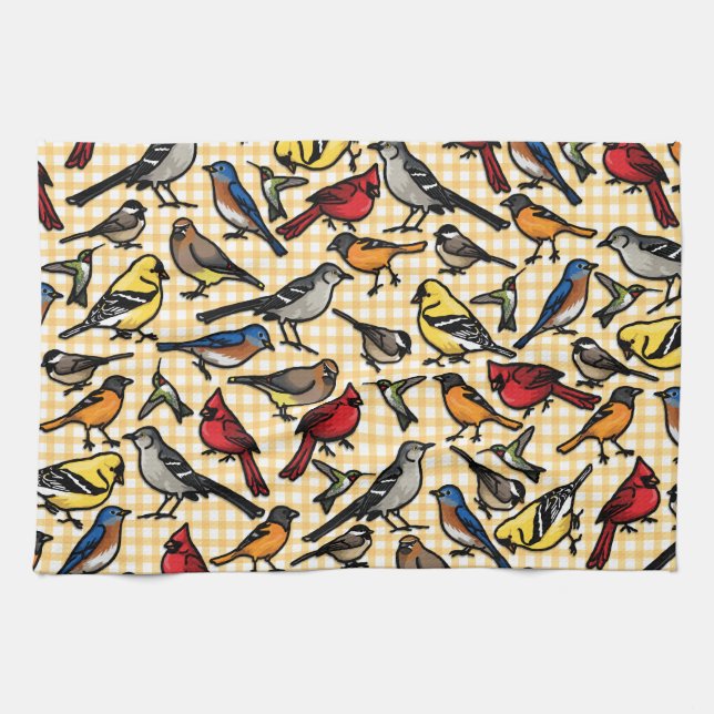 Backyard Birds on Yellow Gingham Tea Towel (Horizontal)