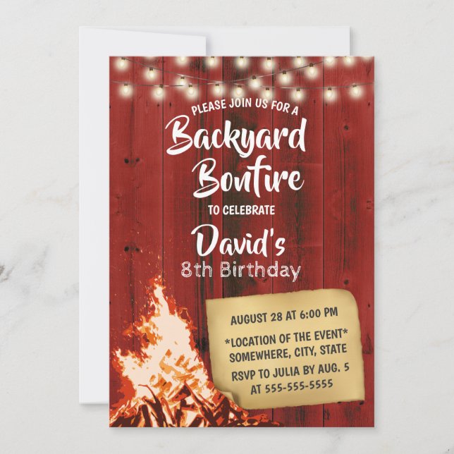 Backyard Bonfire Red Barn Wood Camping Birthday Invitation (Front)