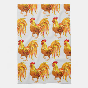 Backyard Chicken Farmer Golden Rooster Pattern Tea Towel