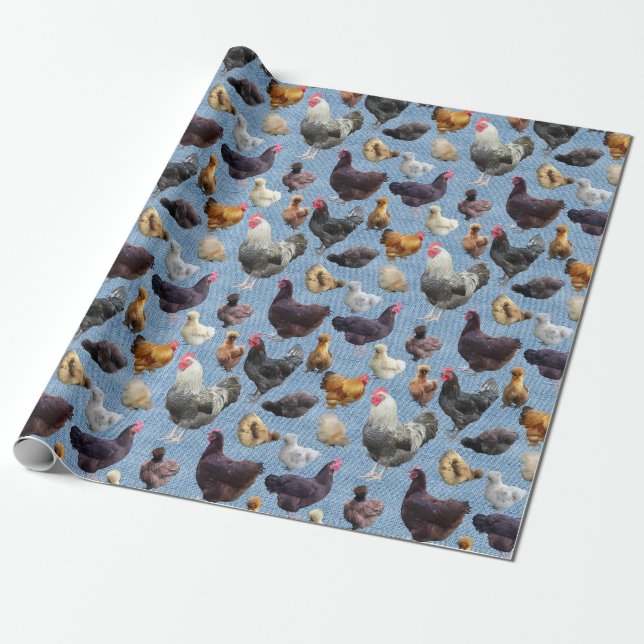 Backyard Chickens Blue Burlap  Wrapping Paper (Unrolled)