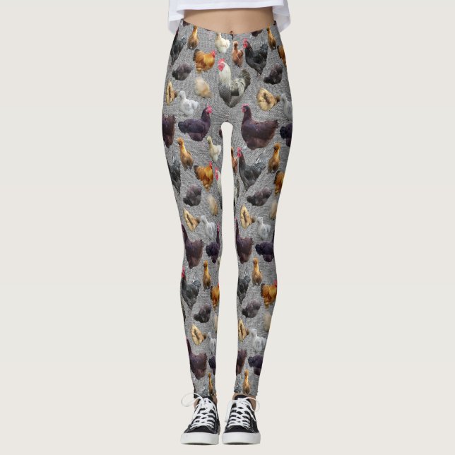 Backyard Chickens on Grey Burlap Leggings (Front)